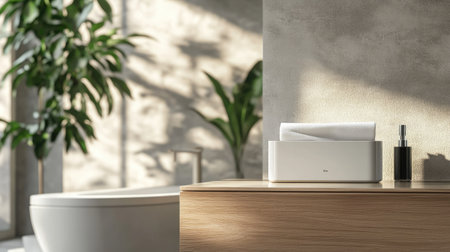 A serene bathroom scene featuring a minimalist design, wooden counter, towel holder, and natural light, creating a tranquil and stylish atmosphere.の素材