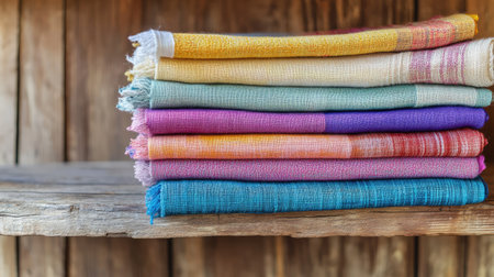 A stack of colorful textiles neatly arranged on a rustic wooden shelf. Perfect for use in home decor, design projects, or showcasing textile art and craftsmanship.の素材