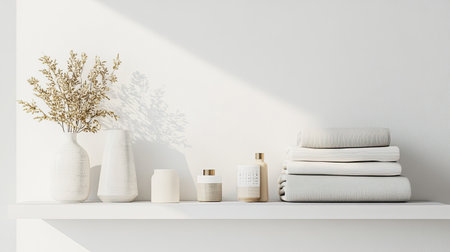 This image features minimalist home decor with soft towels and natural elements. The ideal setting combines warmth, light, and tranquility for a refreshing ambiance.の素材