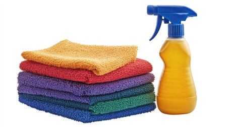 A vibrant arrangement of colorful cleaning towels stacked neatly beside a yellow spray bottle. Ideal for household cleaning tasks and everyday use.の素材
