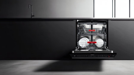 A sleek, modern kitchen featuring an open dishwasher with neatly stacked dishes, showcasing minimalist design principles and efficient use of space for contemporary living.の素材