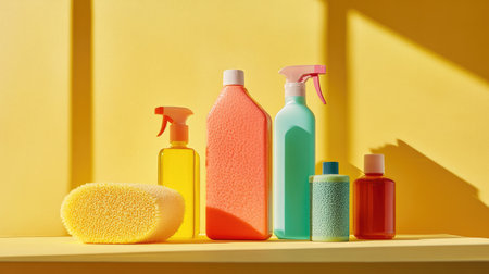 Vibrant arrangement of colorful cleaning products on a yellow backdrop, showcasing various shapes and designs. Ideal for home care and hygiene concepts.の素材