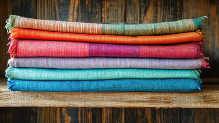 A beautiful display of vibrant rolled textiles in various colors stacked neatly on a rustic wooden shelf. Ideal for showcasing textile crafts or home decor.の素材