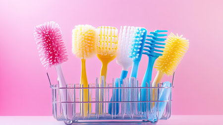 A vibrant collection of colorful hair brushes neatly arranged in a stylish metal rack, set against a soft pink background. Ideal for beauty and grooming themes.の素材