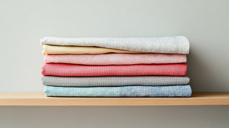 A visually appealing arrangement of colorful fabrics stacked neatly on a wooden shelf. This image evokes a sense of organization and style, perfect for home decor inspiration.の素材