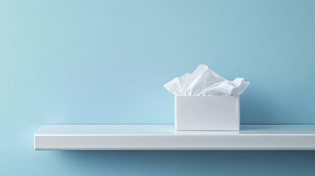 A simple white tissue box rests on a sleek shelf against a soft gray blue wall. The minimalist design emphasizes serenity and cleanliness in any space.の素材