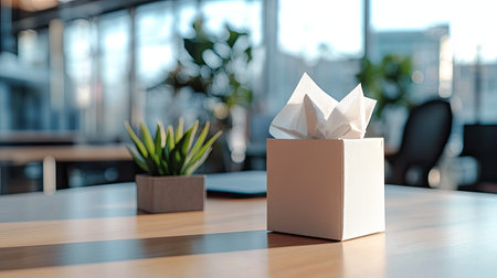 A white tissue box with an open lid sits stylishly on a modern office table, accompanied by a small plant. Soft lighting enhances the inviting workspace.の素材