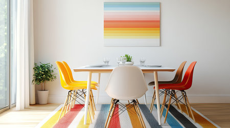 A modern dining room showcasing a stylish table surrounded by colorful chairs. The cheerful art piece on the wall and the vibrant rug enhance the inviting ambiance.の素材