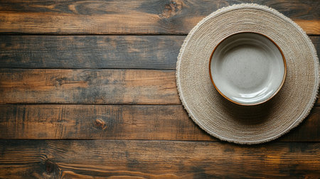 An elegant rustic setting featuring an empty ceramic bowl on a natural woven plate atop a weathered wooden table, perfect for dining or decor ideas.の素材
