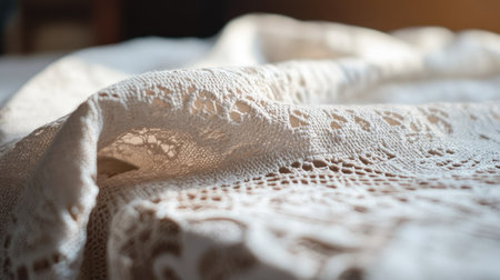 This image features a close-up view of delicate lace fabric showcasing intricate patterns and textures. The soft, warm light enhances its romantic and vintage appeal.の素材