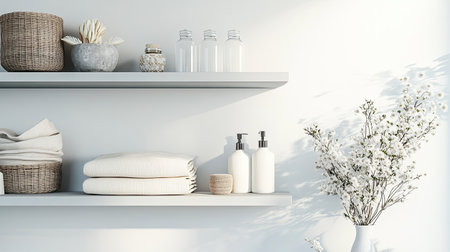 A serene setup featuring sleek bathroom shelves adorned with white towels, elegant glass bottles, and natural blooms. Perfect for minimalistic decor.の素材