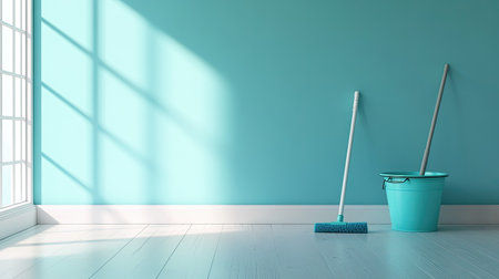A serene indoor space featuring a bright blue wall and cleaning tools, creating a fresh and tidy atmosphere ideal for home maintenance and decoration.の素材