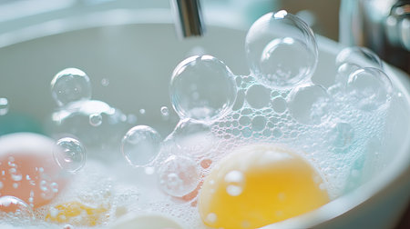 Captivating close-up of bubbles forming in a bowl of soapy water with colorful eggs. This image evokes freshness and invites creativity in the kitchen.の素材