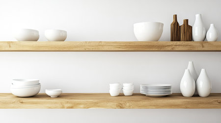 This image showcases a modern minimalist kitchen shelf featuring white ceramics and natural wood accents. Perfect for decor inspiration and lifestyle themes.の素材