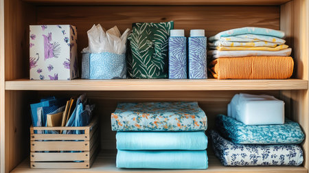 A beautifully organized shelving unit showcases colorful fabrics and assorted home accessories. Ideal for promoting domestic tranquility and stylish storage solutions.の素材