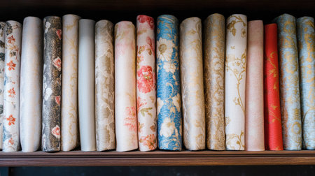 A vibrant assortment of rolled fabrics displayed on a wooden shelf, showcasing various patterns and textures, perfect for crafting, sewing, and decor projects.の素材