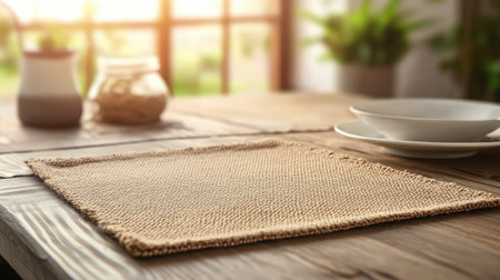 A cozy dining scene featuring a textured placemat, minimalistic decor, and warm sunlight filtering through, creating an inviting atmosphere for meals.の素材