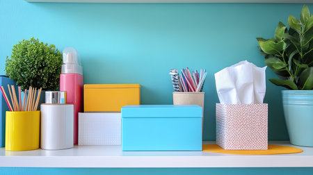 A colorful arrangement of office supplies and decor on a bright shelf, featuring storage boxes, plants, and stationery items, ideal for a cheerful workspace.の素材