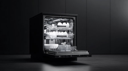 A sleek black dishwasher showcases a neat arrangement of clean dishes, embodying modern design and efficiency in kitchen sanitation. Perfect for home settings.の素材
