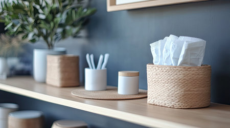 A modern minimalist shelf featuring elegant decor items and organizing elements. The arrangement includes woven baskets, containers, and greenery, enhancing any interior space.の素材
