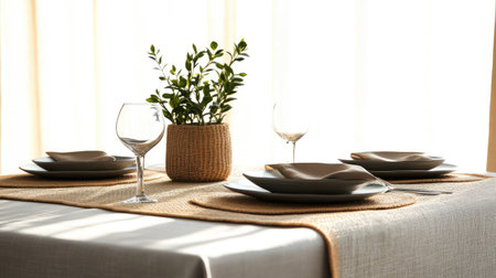 A beautifully arranged dining table featuring elegant plates, wine glasses, and a charming centerpiece plant. Soft natural light enhances the inviting atmosphere.の素材