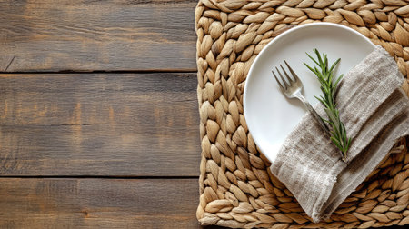 A stylish dining setup featuring a white plate, fork, and fresh herb on woven straw placemat. Ideal for culinary and home decor inspiration.の素材