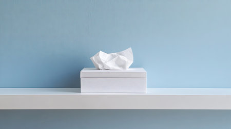 A simple white tissue box featuring crumpled tissues sits on a shelf against a soft blue wall. Ideal for home or office decor, emphasizing minimalism.の素材