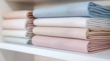 A beautiful arrangement of neatly stacked linen fabrics in soft pastel colors, showcasing a modern, clean aesthetic perfect for home decor or retail display.の素材