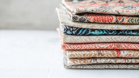 A visually appealing stack of colorful textiles showcasing intricate patterns and textures. Perfect for home decor or lifestyle themes.の素材