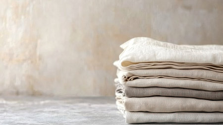 A serene composition featuring neatly stacked natural fabric textiles in soft beige tones, perfectly arranged on a simple, textured background, ideal for home decor inspiration.の素材