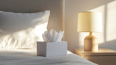 A serene bedroom scene featuring a tissue box beside a stylish lamp. Warm sunlight filters through, creating a cozy atmosphere perfect for relaxation.の素材