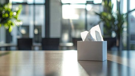 A white tissue box elegantly placed on a wooden table, surrounded by bright interior with sunlight streaming in. Perfect for themes of comfort and wellness.の素材