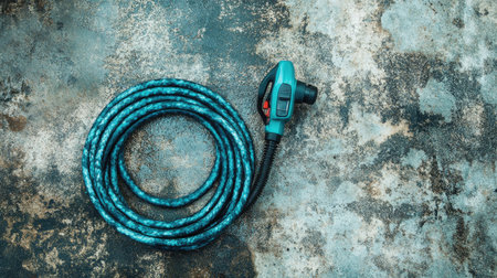 A coiled blue flexible hose rests on a textured surface, showcasing vintage charm. Ideal for outdoor scenes, garden maintenance, or plumbing imagery.の素材