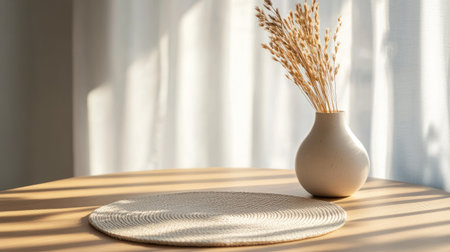 Cheerful minimalist decor featuring a ceramic vase filled with dried flowers. Sunlight casts soft shadows across a round placemat on a wooden table.の素材
