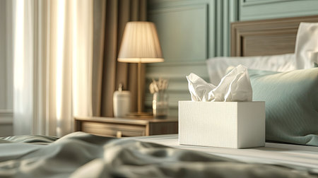 A cozy bedroom scene featuring a stylish tissue box on a neatly made bed. Soft light enhances the calming atmosphere, inviting relaxation. Perfect for home decor inspiration.の素材