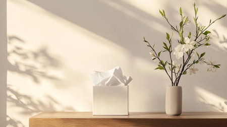 A serene still life featuring a tissue box and a simple flower vase, beautifully arranged on a wooden surface. Soft shadows and natural light enhance the calm atmosphere.の素材