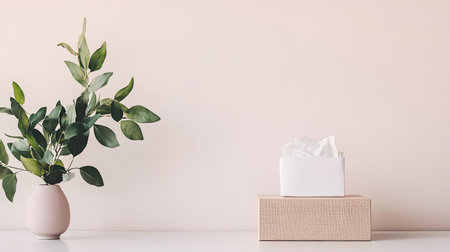 This elegant and minimalistic arrangement features a green plant in a soft vase alongside a tissue box, creating a serene and calming atmosphere.の素材