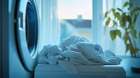 A serene scene featuring freshly laundered clothes piled on a washing machine, bathed in soft morning light, enhancing the cozy and peaceful atmosphere of home.の素材