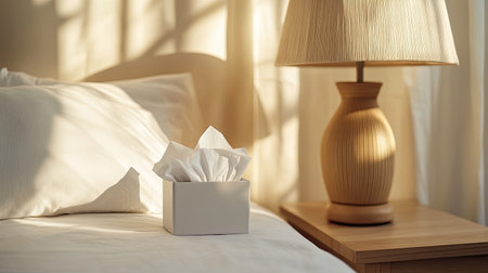 A serene bedroom setting featuring a tissue box and a warm lamp, bathed in soft natural light. The scene evokes comfort and tranquility, ideal for home and lifestyle themes.の素材