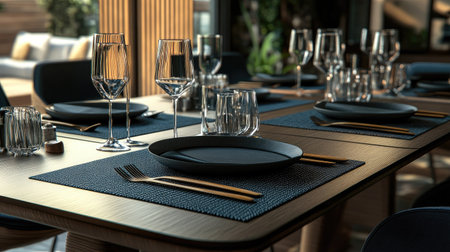 A beautifully arranged dining table featuring black plates and elegant glassware, perfect for a sophisticated restaurant setting, creating an inviting atmosphere.の素材