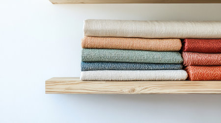 A visually appealing arrangement of soft textiles stacked on a wooden shelf, showcasing a variety of colors and textures in a cozy home setting.の素材