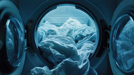A close-up view of a washing machine drum filled with soft white clothes, depicting a laundry process. The interior features vibrant colors and textures.の素材
