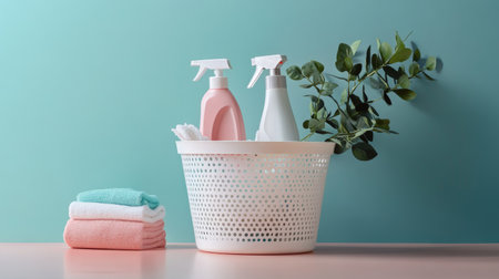 Aesthetic arrangement of cleaning supplies in a basket with soft towels and greenery. Perfect for promoting freshness and cleanliness in any home setting.の素材