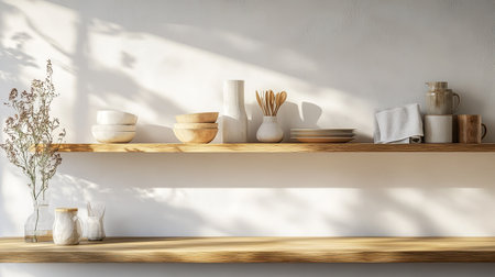 A serene display of minimalist kitchen shelves showcasing wooden bowls, elegant decor, and natural light, perfect for inspiring home design.の素材