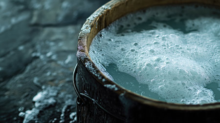 A close-up view of a rustic wooden bucket filled with bubbles and water on a textured stone surface, evoking a sense of cleanliness and tranquility.の素材