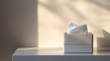 A minimalist tissue box placed elegantly on a sleek surface, surrounded by soft shadows. This visually appealing scene enhances contemporary decor and adds a touch of calm ambiance.の素材