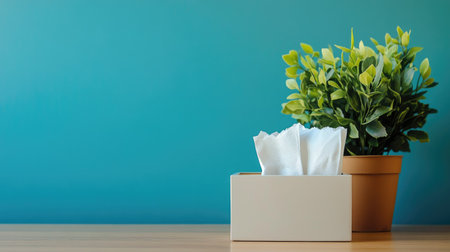 A soft tissue box sits beside a green potted plant on a wooden table against a blue backdrop, creating a serene and inviting atmosphere for any indoor space.の素材
