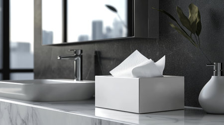 A stylish bathroom setting featuring a white tissue box, elegant fixtures, and a marble surface surrounded by soft natural light, creating a serene atmosphere.の素材