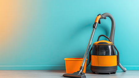A modern vacuum cleaner and a yellow bucket are positioned against a vibrant turquoise wall, showcasing a cheerful and clean interior space ideal for effective home maintenance.の素材
