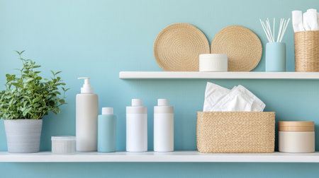 A serene bathroom shelf showcases skincare products and decorative items. The gentle blue background enhances a calming atmosphere for relaxation and wellness.の素材